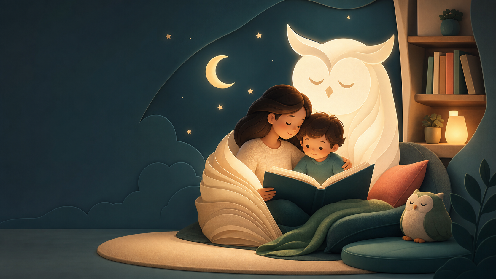 A parent and child reading together in a cozy nook with a glowing owl made of storybook light.