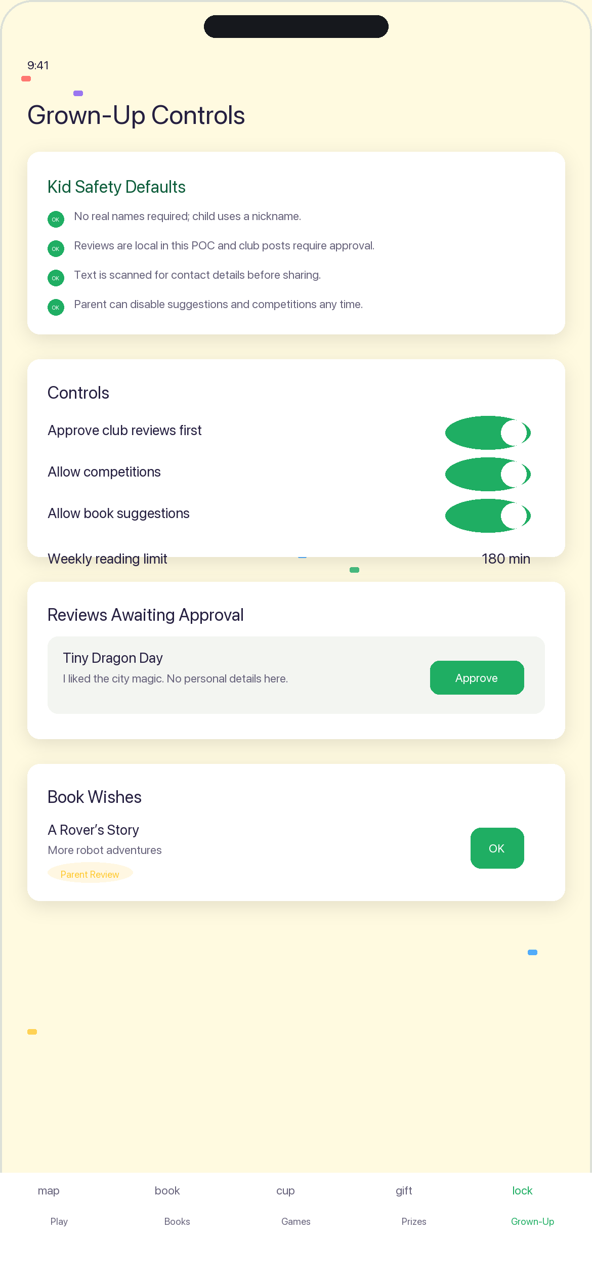BookHoot grown-up controls with parent approval and privacy options.