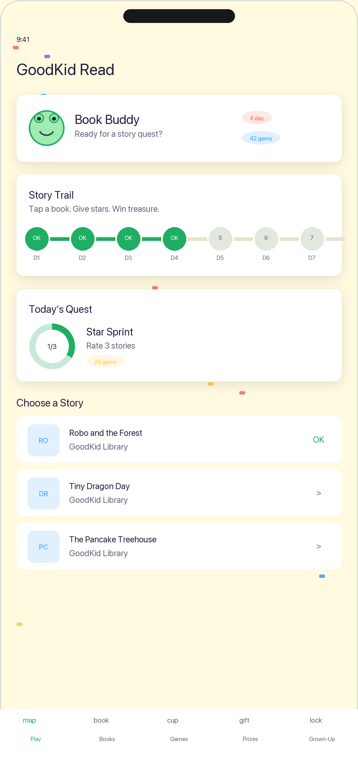 BookHoot reading path with levels, daily progress, and friendly book steps.