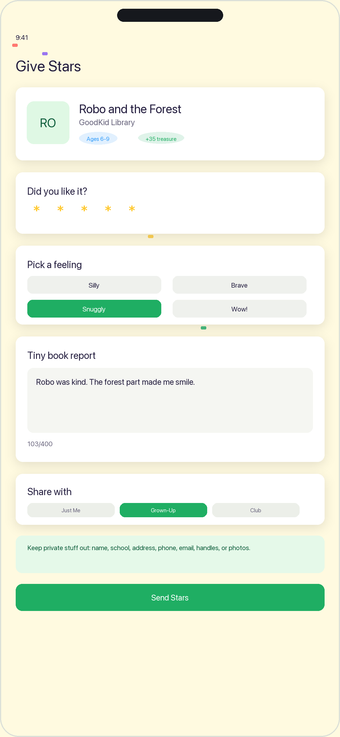BookHoot review screen where a child can rate a book and choose reading moods.